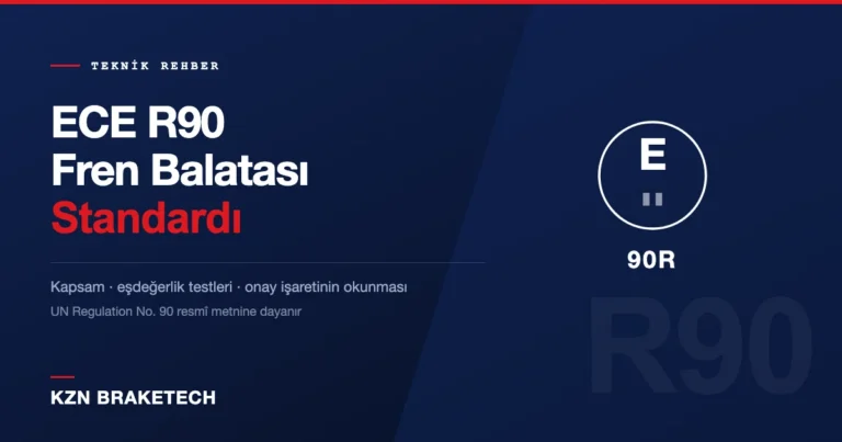 ECE R90 teknik rehberi kapak görseli: E onay dairesi ve 90R işaretinin şematik gösterimi